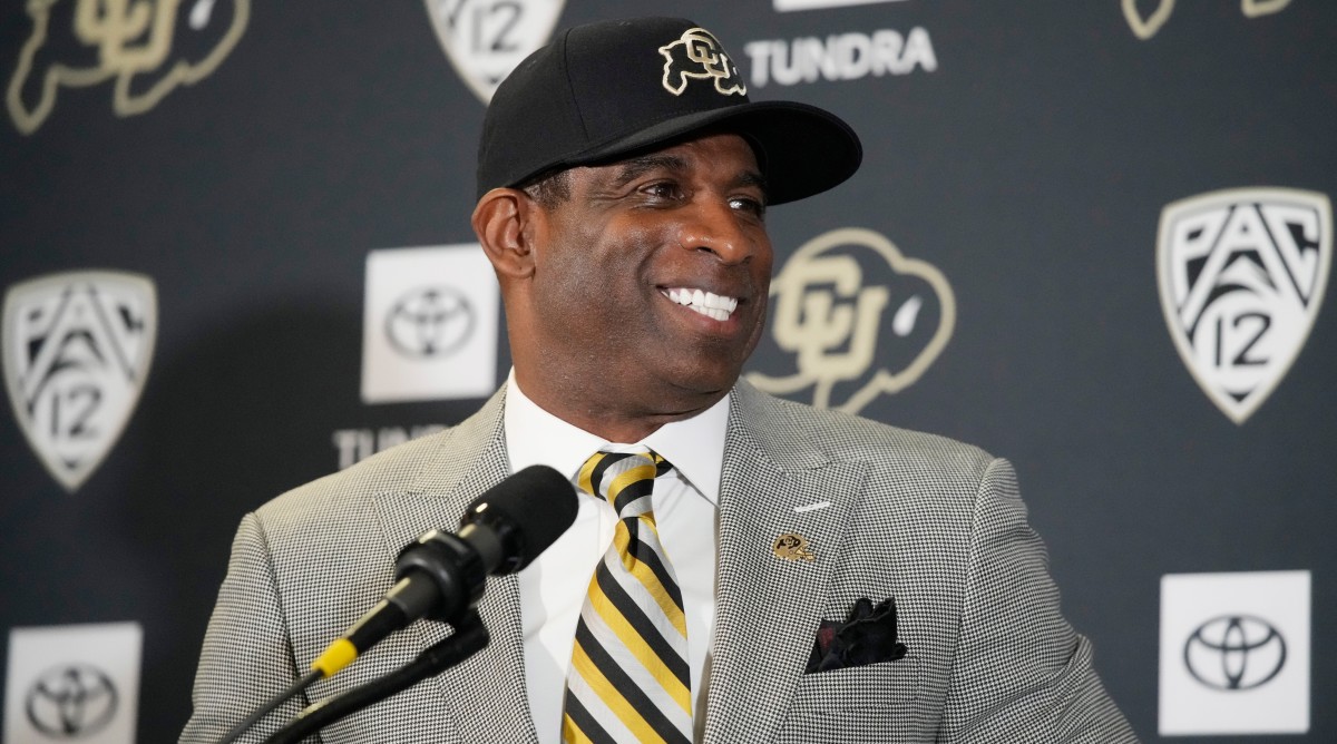 Deion Sanders speaks after being introduced as the new head football coach at Colorado.
